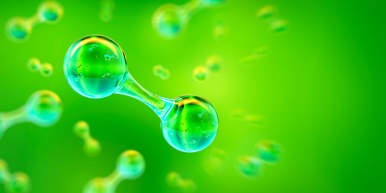 Green Hydrogen H2 gas molecule. Production of green hydrogen ene