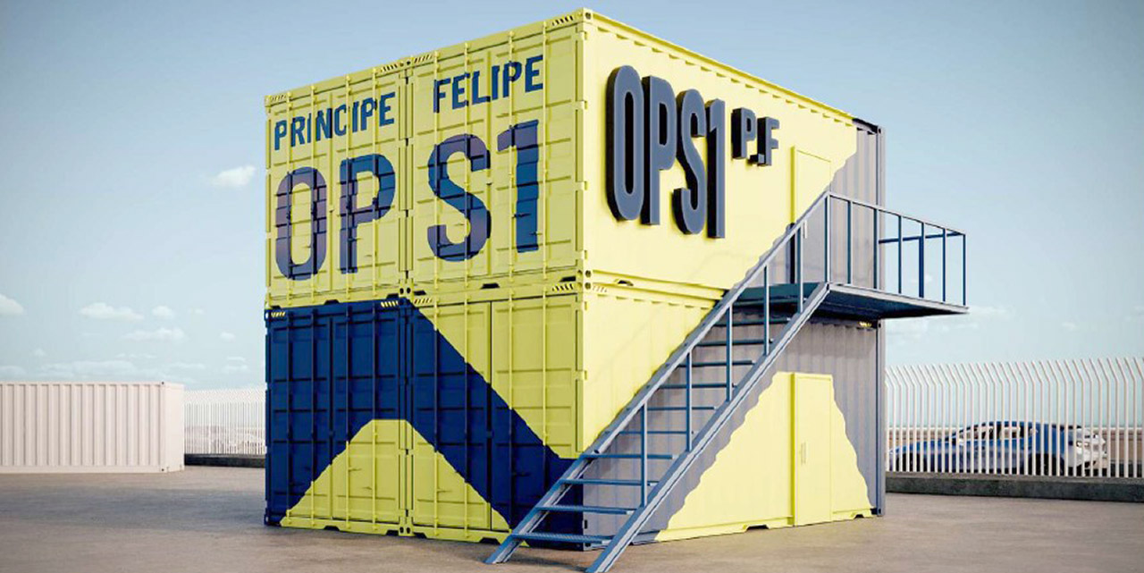 Recreación virtual de la nueva subestación eléctrica instalada en el muelle Príncipe Felipe de l puerto de Algeciras .