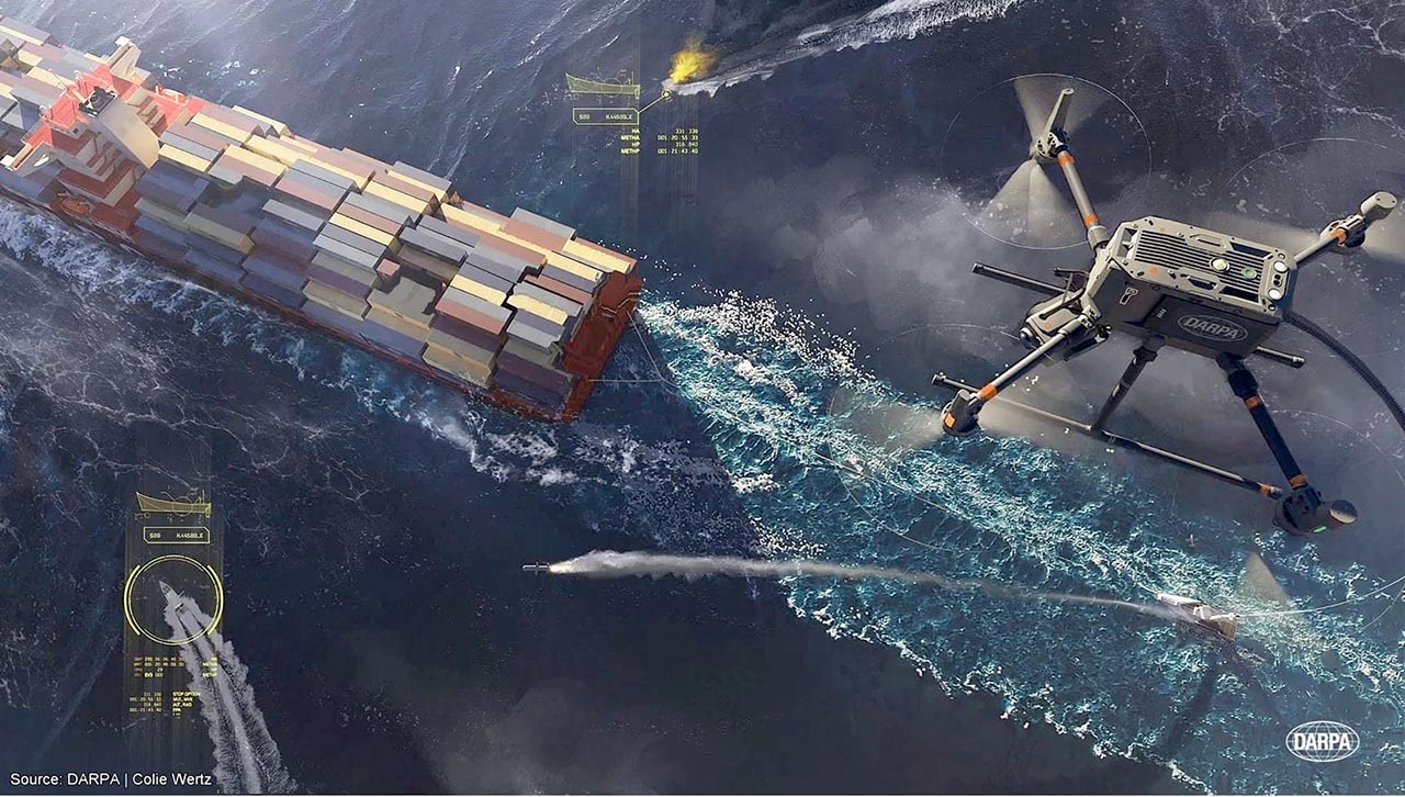 Recreación de un dron escolta para buques mercantes / DARPA.