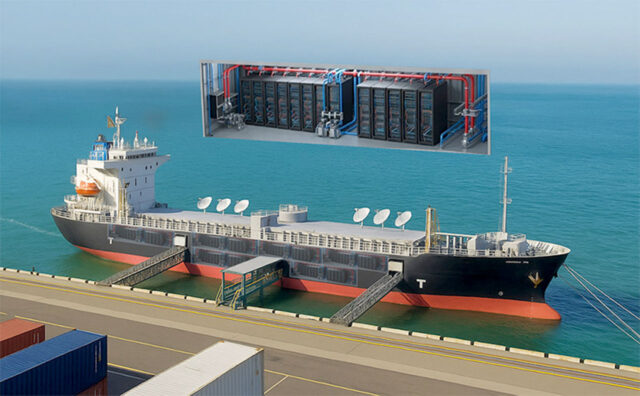 Infografía que muestra los servidores a bordo de un buque usado como centro de datos flotante.