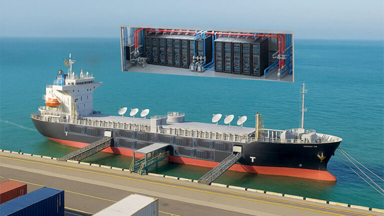 Infografía que muestra los servidores a bordo de un buque usado como centro de datos flotante.