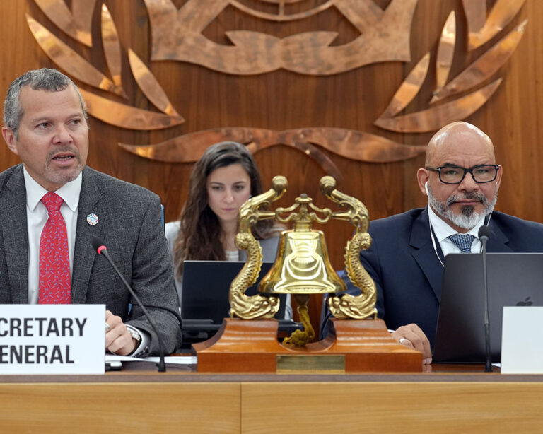 El secretario general de la OMI, Arsenio Domínguez y el presidente del Comité Jurídico, Diego Ramírez, durante la 113ª sesión.